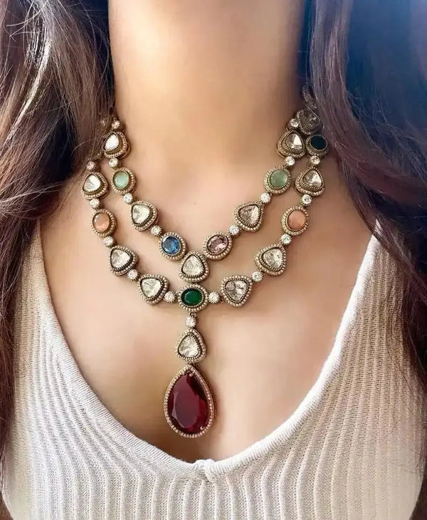 Double layer moissanite polki necklace set