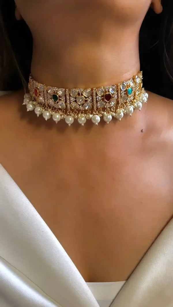 Designer Navratan Choker Necklace set - Fashionjewellery_21