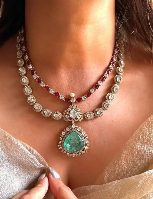 Mahira Royal Dual Layer Necklace Set for Wedding – Polki Bridal Jewelry - Fashionjewellery_21