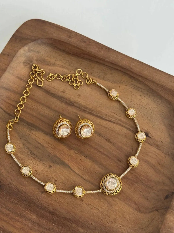 Mukthi Sleek Moissanite uncut PolkiSet - Matte golden finish - Fashionjewellery_21