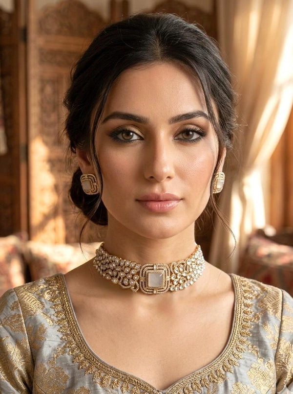 Zara Emerald Victorian Kundan Choker Set – Royal Bridal Jewellery white