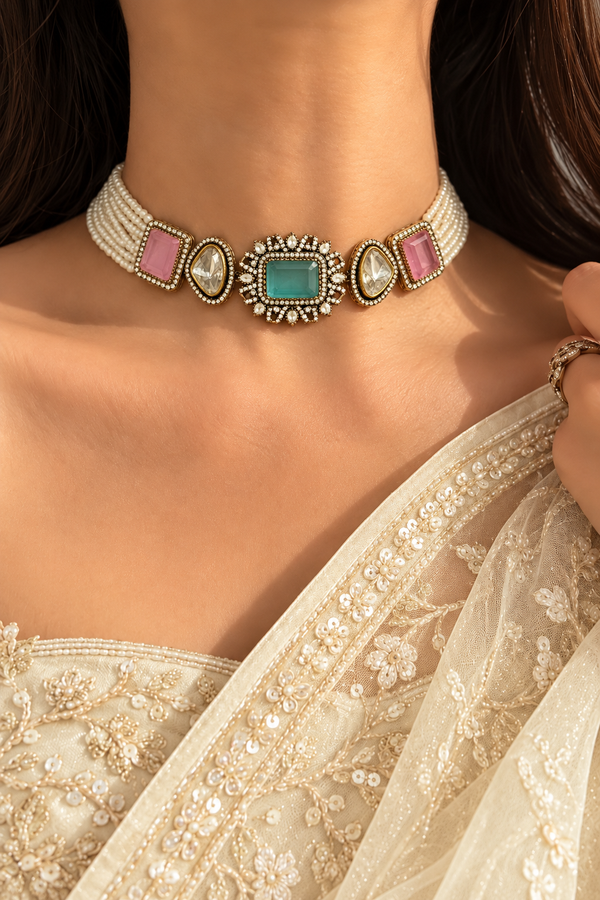 Heer – Royal Doublet Stone Pearl Choker Set