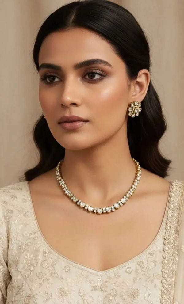 Single Layer Sleek Moissanite Polki Necklace Set – Uncut Design - Fashionjewellery_21